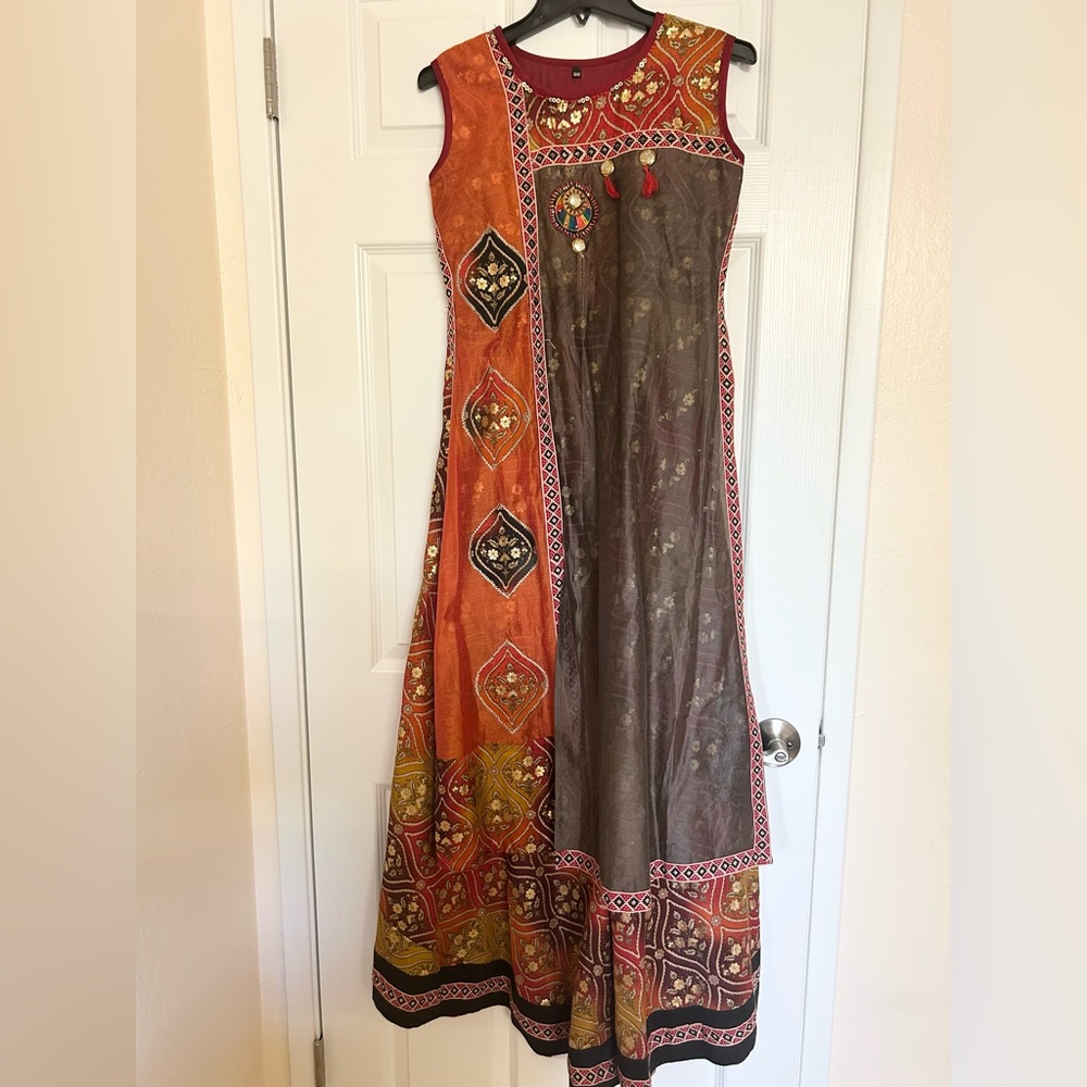 Orange and Brown Sleeveless Maxi Sundress (Salwar/Kurti Dress)
